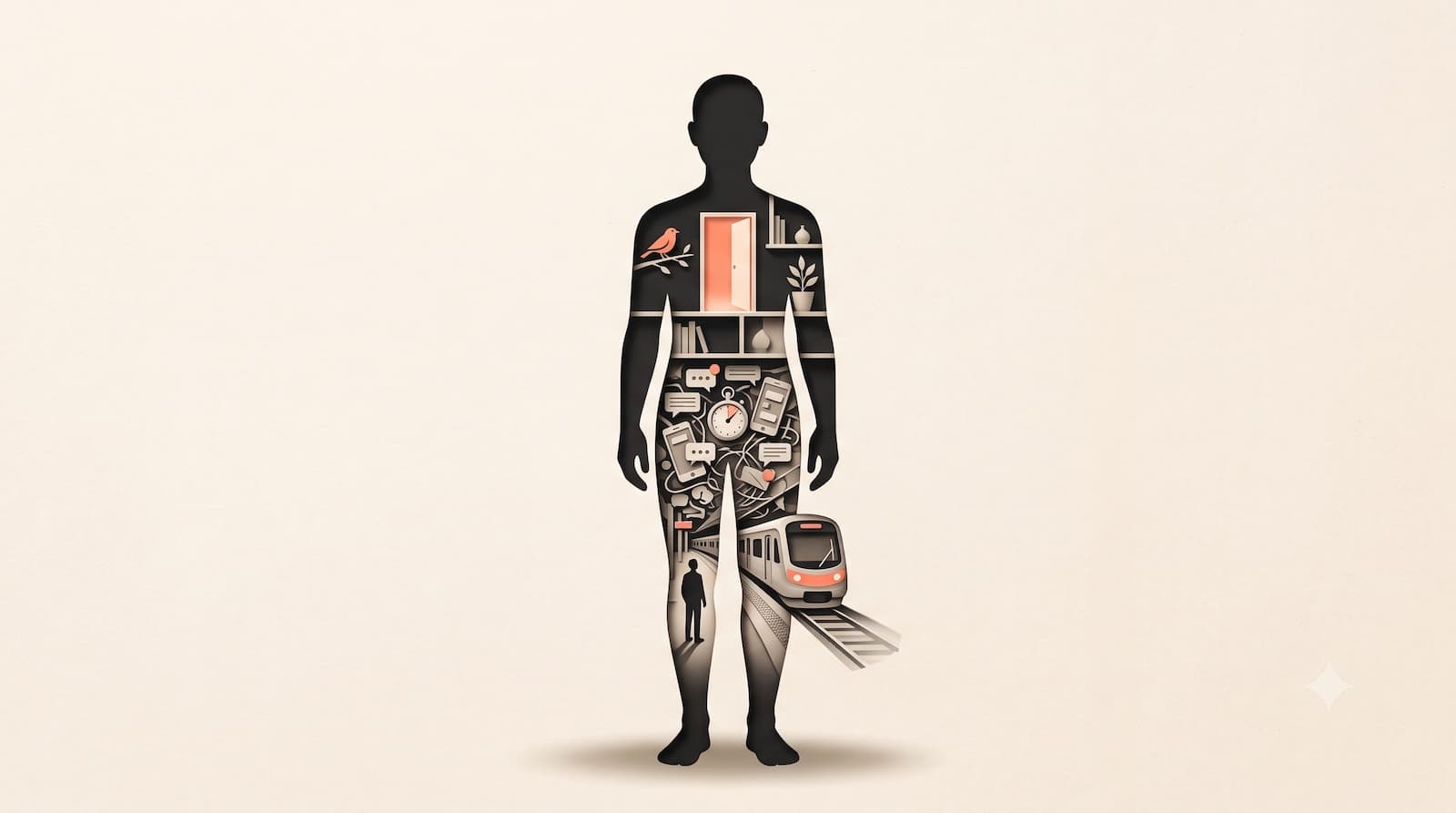 Shadow of an human inserted with pieces of a machine